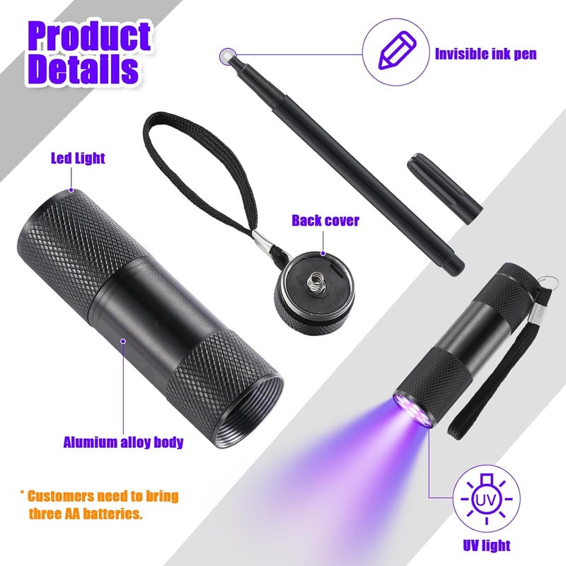 Tegeme 10 Pcs Blacklight Pen Set 5 Invisible Ink Pen 5 Blacklight Flashlights, UV Pen Invisible Ink Marker Black Light Markers for Spy Secret Holiday Gift Party Favors(Classic) - Image 2